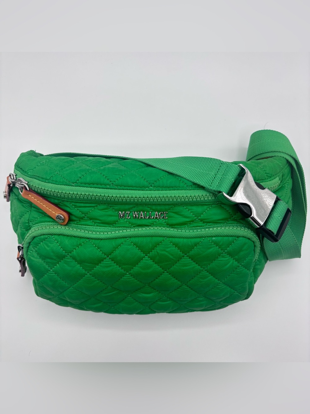 MZ Wallace | Green Metro Sling Belt Bag Quilted Nylon w/ Silver Hardware